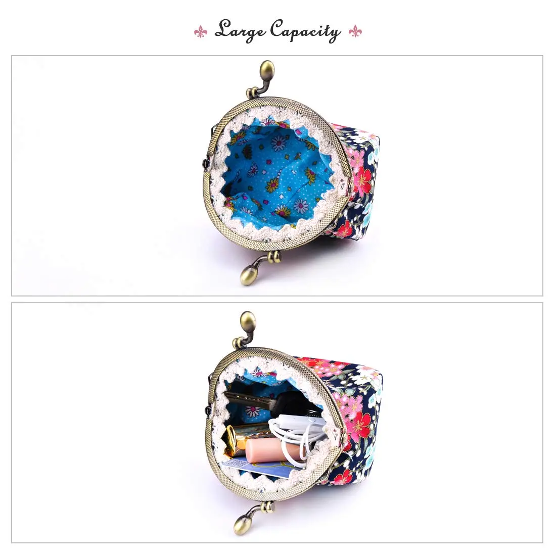 Oyachic Floral Coin Purse Navy Blue | Vintage Small Wallet with Kiss Lock Clasp (2.7x4.7x3.5in) - view 5