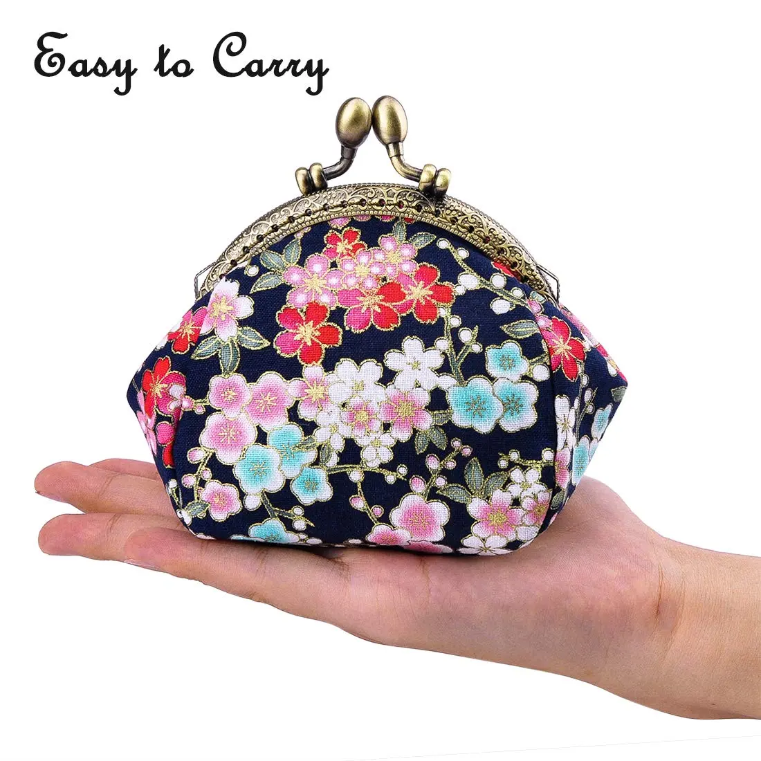 Oyachic Floral Coin Purse Navy Blue | Vintage Small Wallet with Kiss Lock Clasp (2.7x4.7x3.5in) - view 6