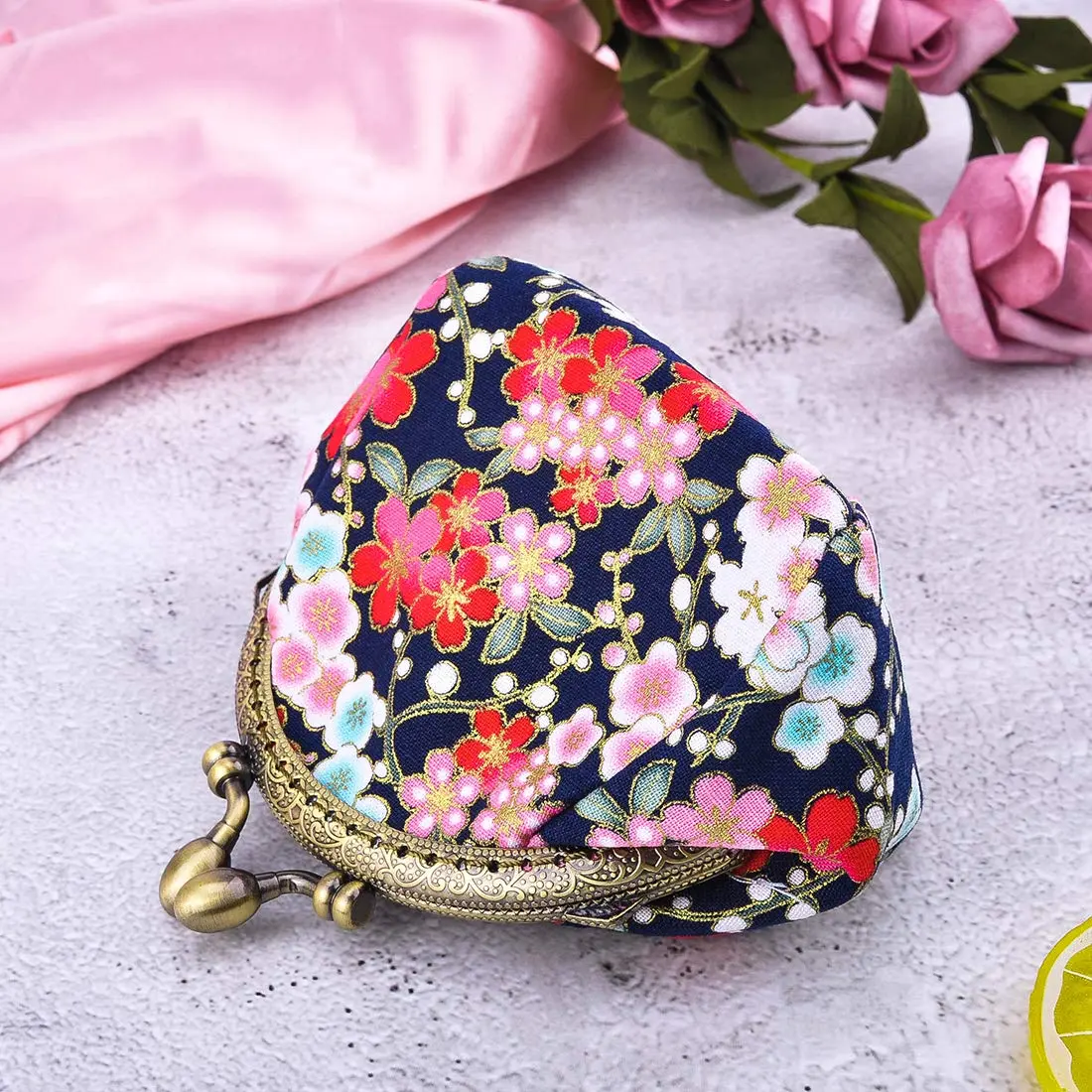 Oyachic Floral Coin Purse Navy Blue | Vintage Small Wallet with Kiss Lock Clasp (2.7x4.7x3.5in) - view 2