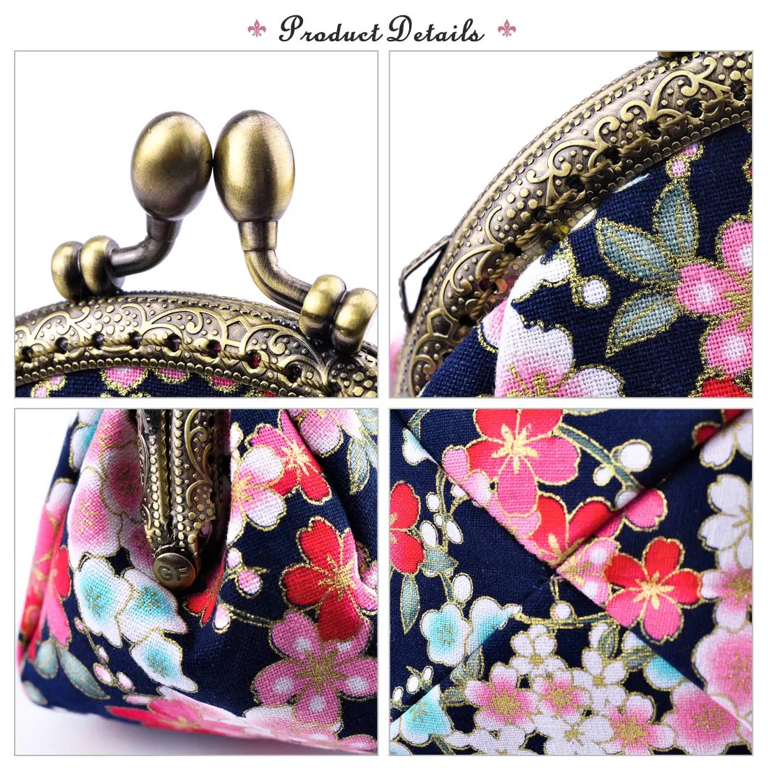 Oyachic Floral Coin Purse Navy Blue | Vintage Small Wallet with Kiss Lock Clasp (2.7x4.7x3.5in) - view 4