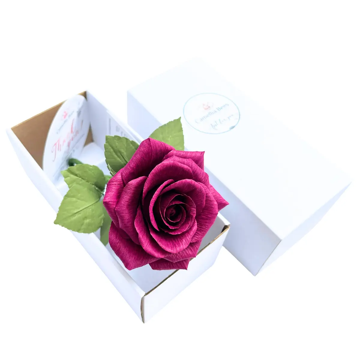 Camellia Bees Paper Rose 1st Wedding for Her Him | Handmade Deep Red Crepe Flower, Anniversary Keepsake (Dark red Burgundy) - view 5