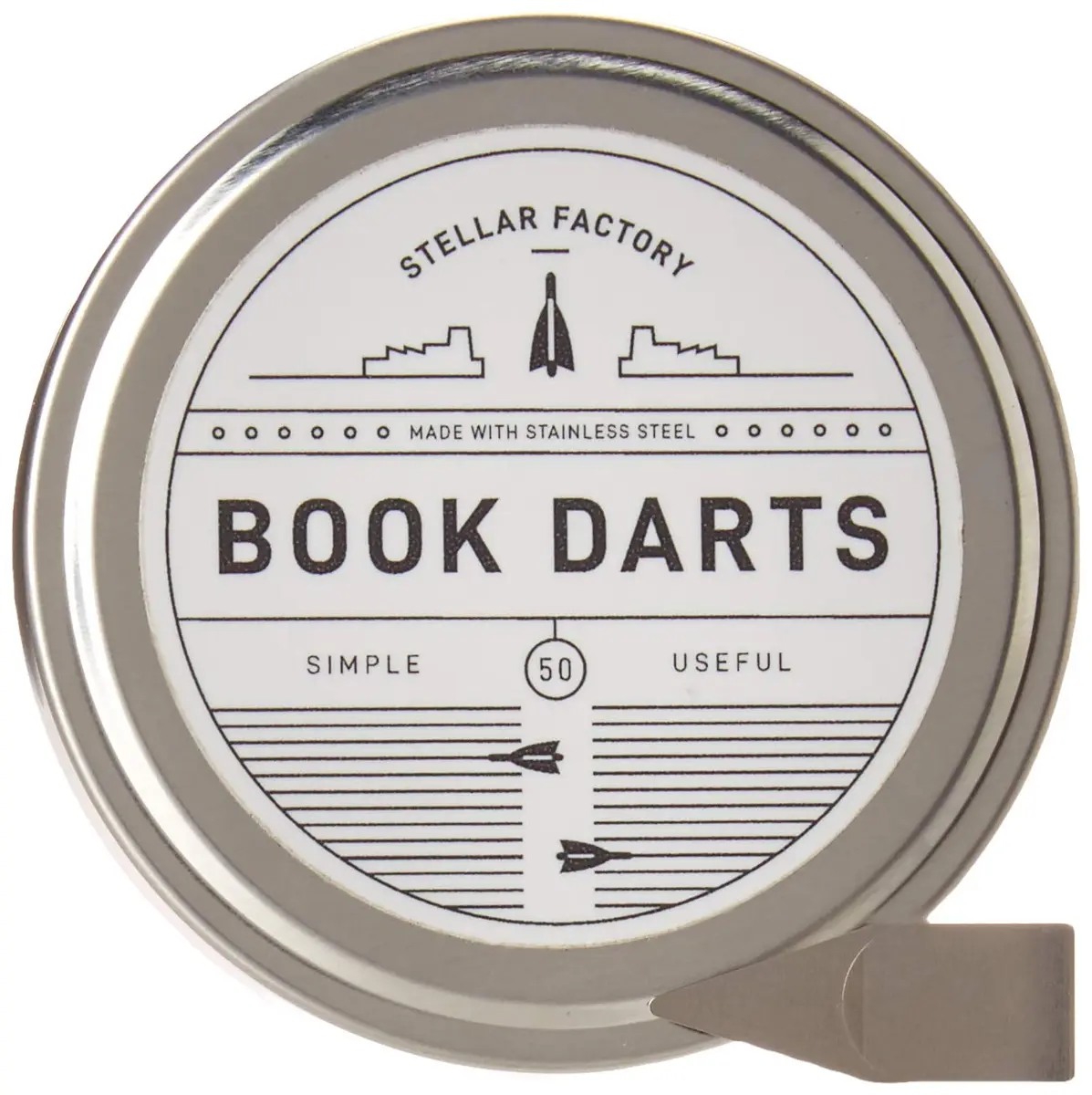 Stellar Factory Book Darts Stainless Steel Line Markers 50-Count Tin | Precision Line Marking for Books - main product image