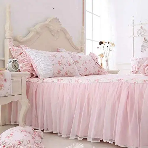 LELVA Pink Rose Lace Dust Full Ruffle Bed Skirt 18 Inch Drop | Floral Cotton Bed Cover - view 2