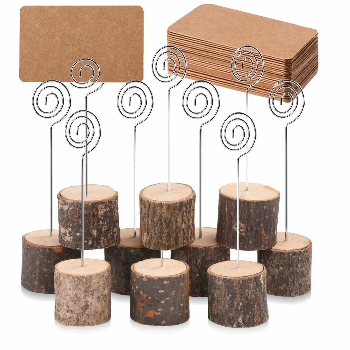Toncoo 10Pcs Rustic Wood Place Card Holders with Swirl Wire & 20 Kraft Cards | Elegant Table Markers for Weddings & Events - main product image