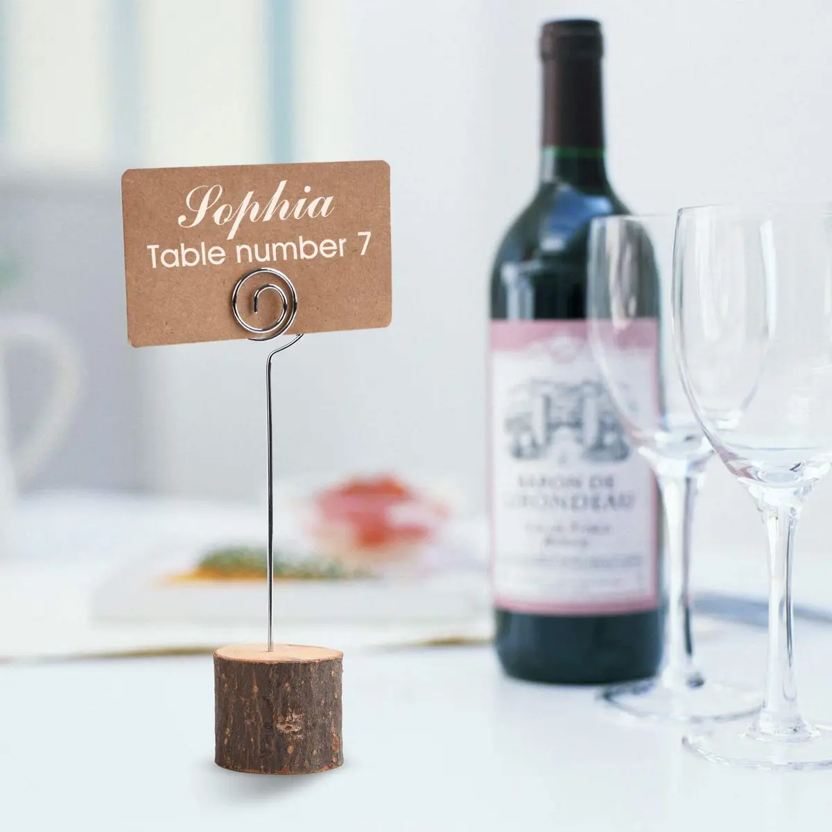 Toncoo 10Pcs Rustic Wood Place Card Holders with Swirl Wire & 20 Kraft Cards | Elegant Table Markers for Weddings & Events - view 3