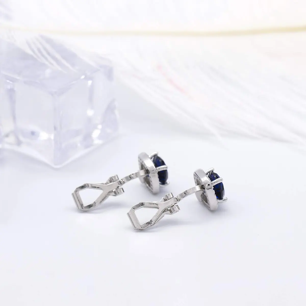 YOQUCOL Dark Blue Cubic Zirconia Clip-On Earrings for Women | Non Pierced Square Design - view 5