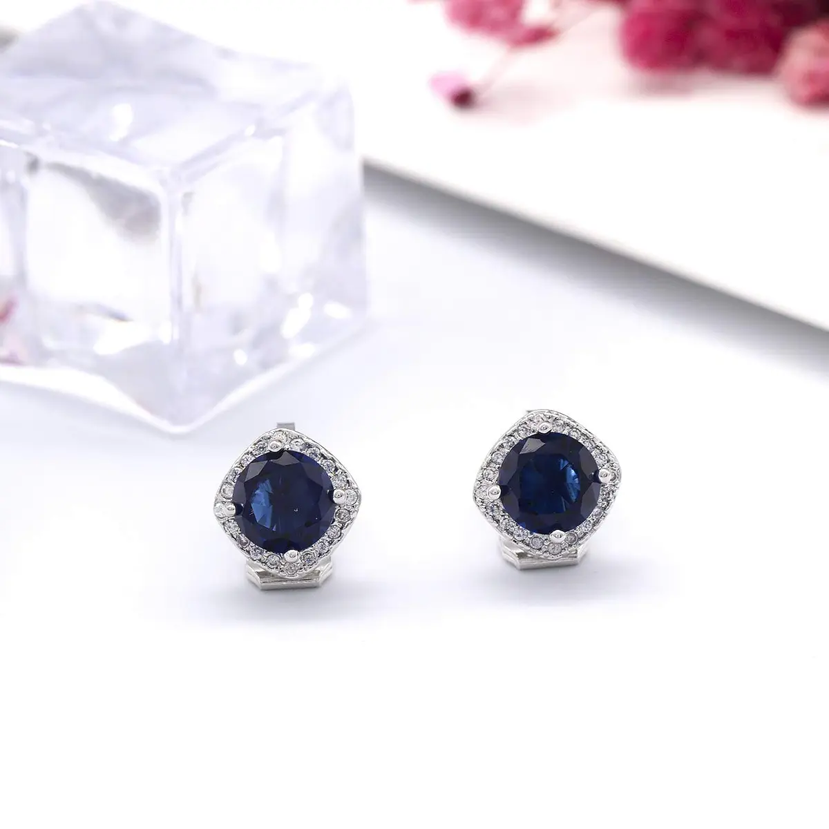 YOQUCOL Dark Blue Cubic Zirconia Clip-On Earrings for Women | Non Pierced Square Design - view 2