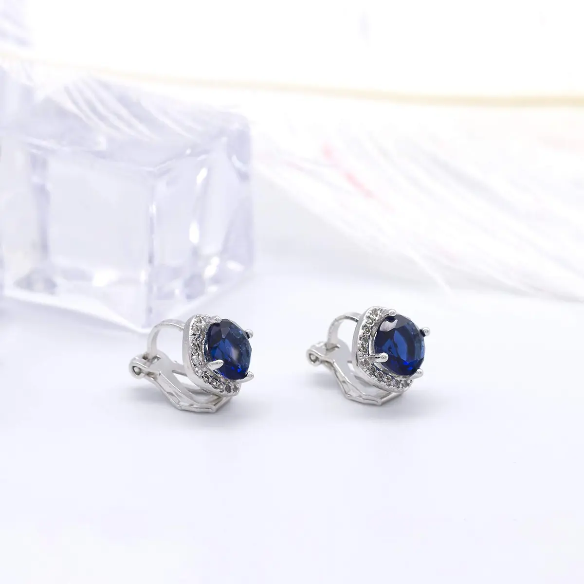 YOQUCOL Dark Blue Cubic Zirconia Clip-On Earrings for Women | Non Pierced Square Design - view 3