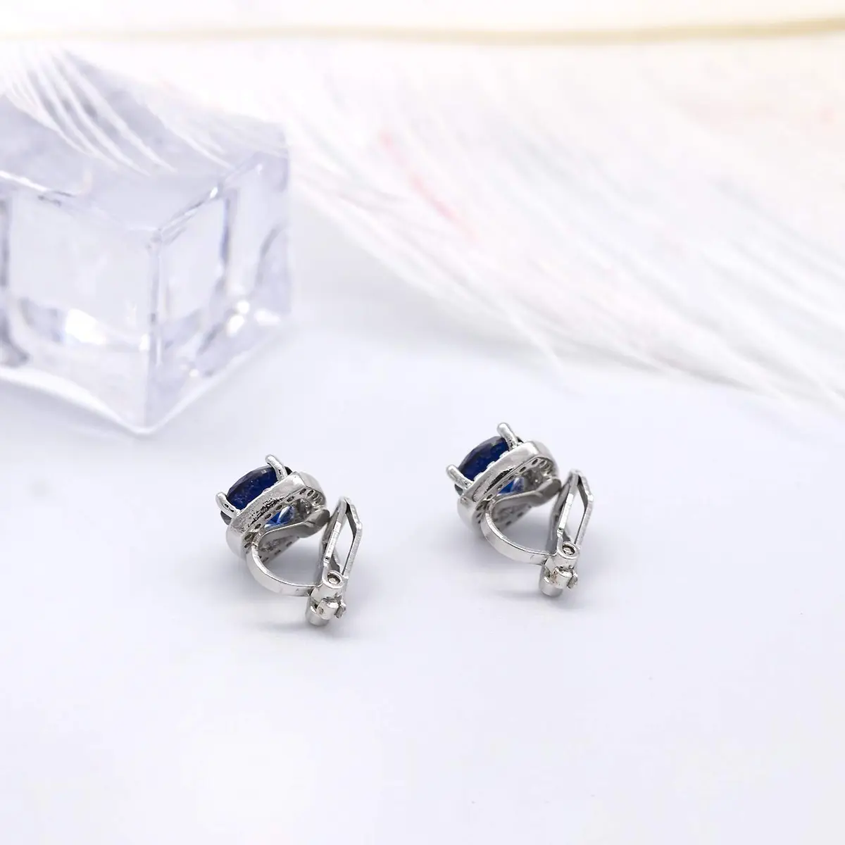 YOQUCOL Dark Blue Cubic Zirconia Clip-On Earrings for Women | Non Pierced Square Design - view 4