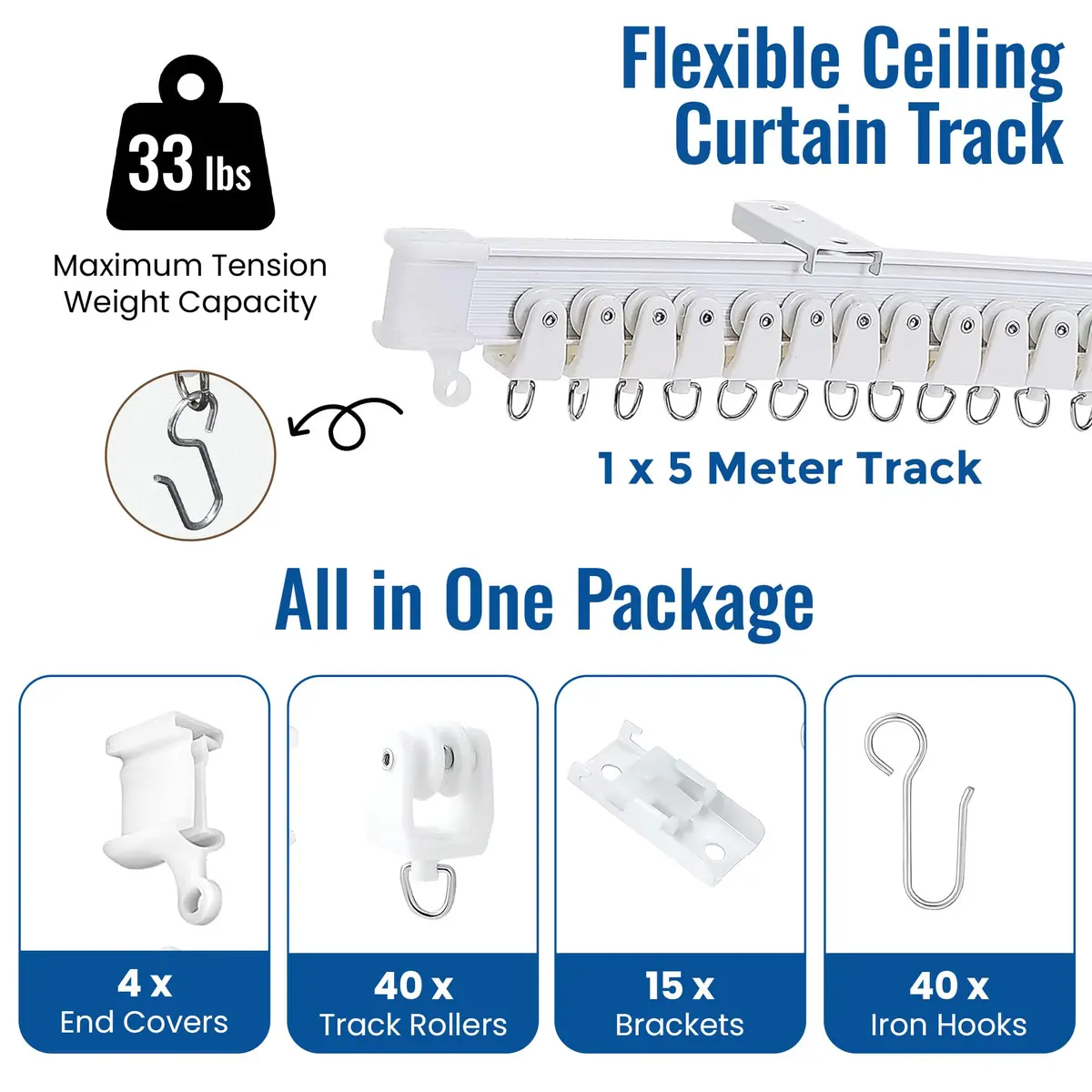UrbanRed Flexible Ceiling Curtain Track 5m (16.4 ft) White | Bendable PVC Rail Kit for Room Dividers - view 2