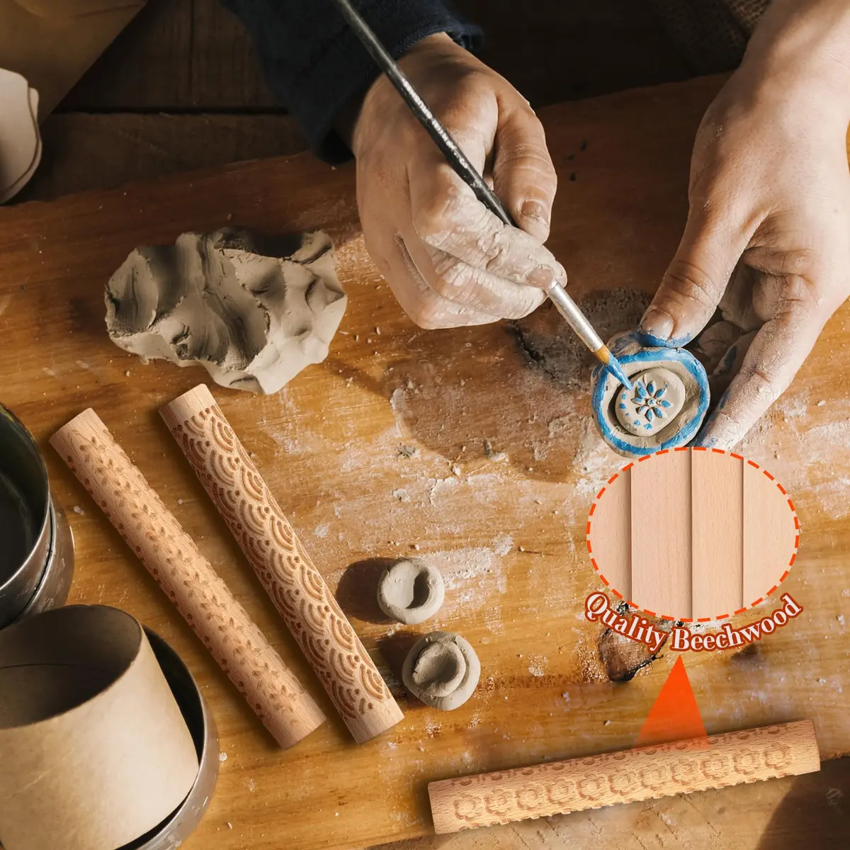 Lzttyee Wooden Handle Pottery Tools Set of 10 | Clay Texture Rollers for Ceramics & Sculpting - view 5