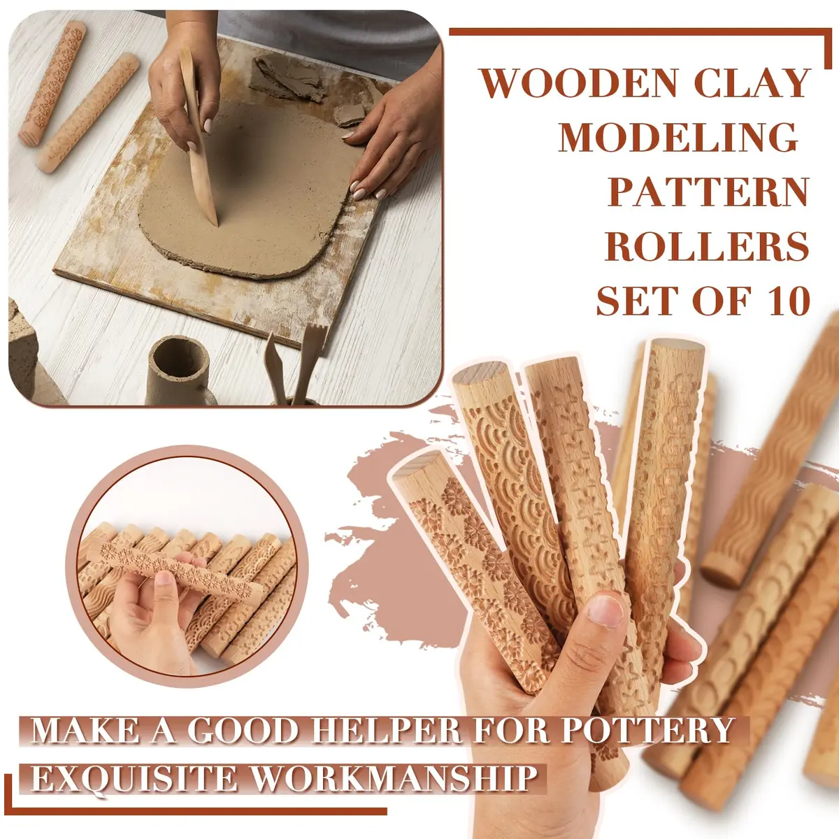 Lzttyee Wooden Handle Pottery Tools Set of 10 | Clay Texture Rollers for Ceramics & Sculpting - view 6