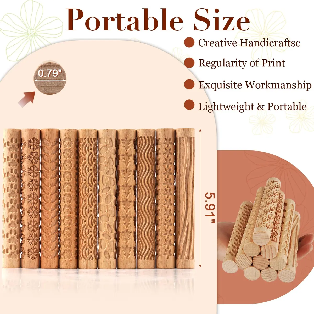 Lzttyee Wooden Handle Pottery Tools Set of 10 | Clay Texture Rollers for Ceramics & Sculpting - view 2