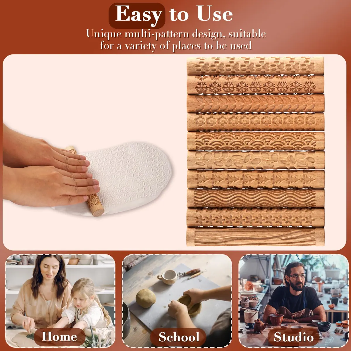 Lzttyee Wooden Handle Pottery Tools Set of 10 | Clay Texture Rollers for Ceramics & Sculpting - view 4
