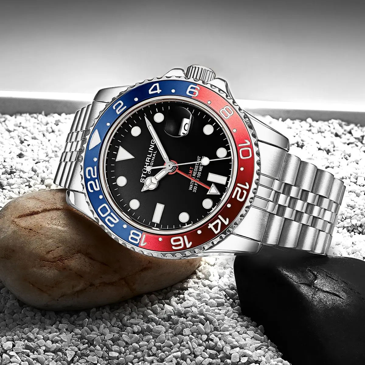 Stuhrling Original Men's Stainless Steel Jubilee Bracelet GMT Watch 42mm | Water Resistant, Quartz - view 5