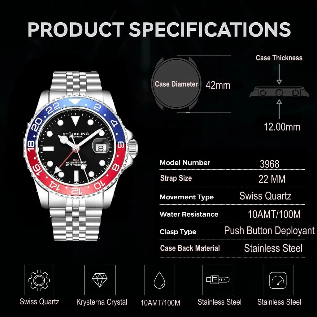 Stuhrling Original Men's Stainless Steel Jubilee Bracelet GMT Watch 42mm | Water Resistant, Quartz - view 7