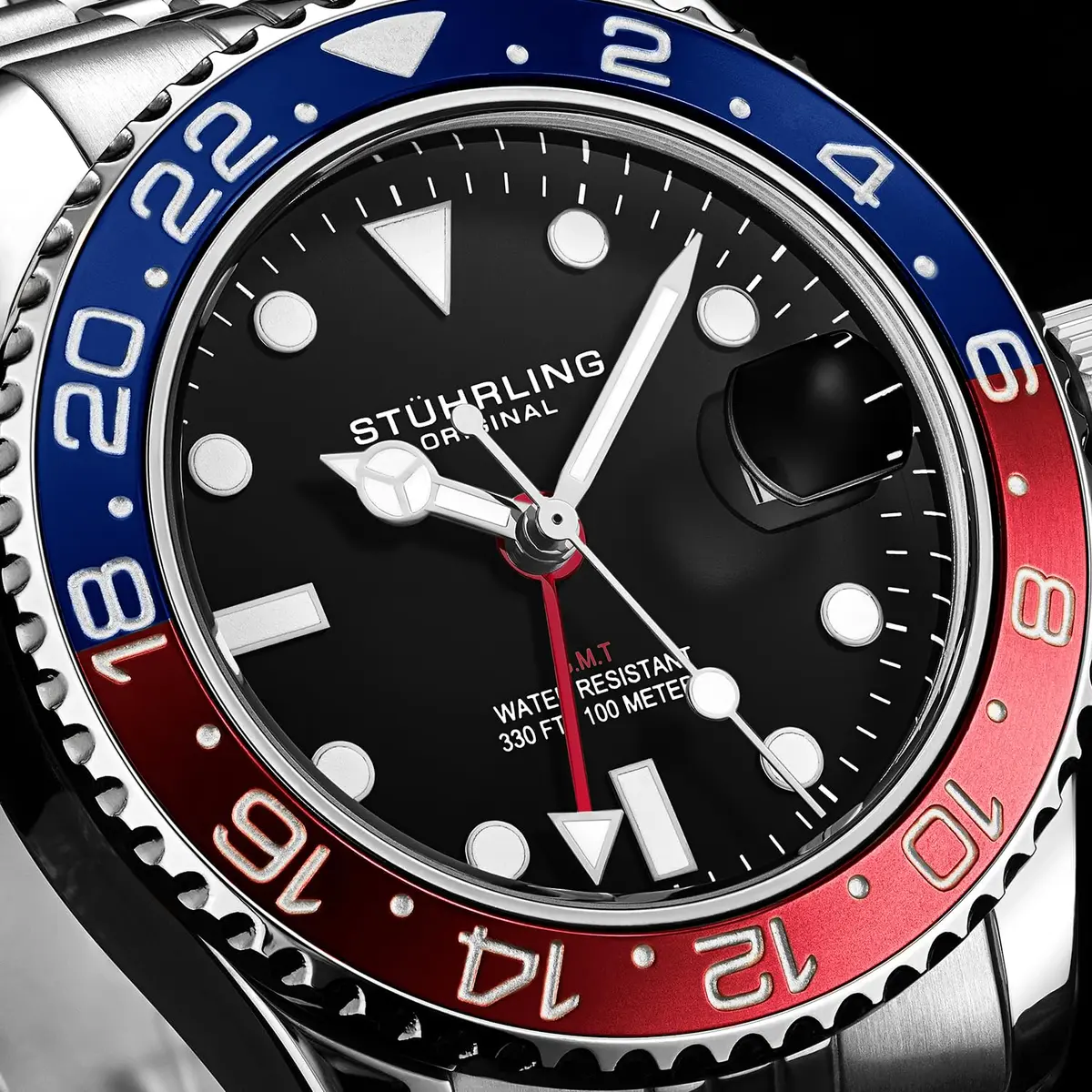 Stuhrling Original Men's Stainless Steel Jubilee Bracelet GMT Watch 42mm | Water Resistant, Quartz - view 2