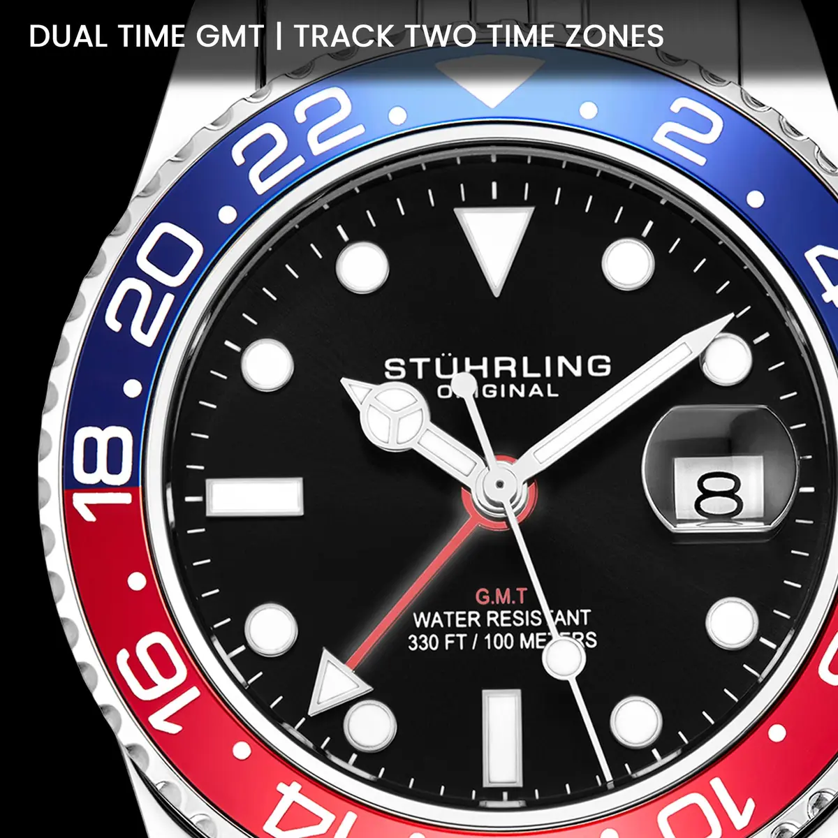 Stuhrling Original Men's Stainless Steel Jubilee Bracelet GMT Watch 42mm | Water Resistant, Quartz - view 4