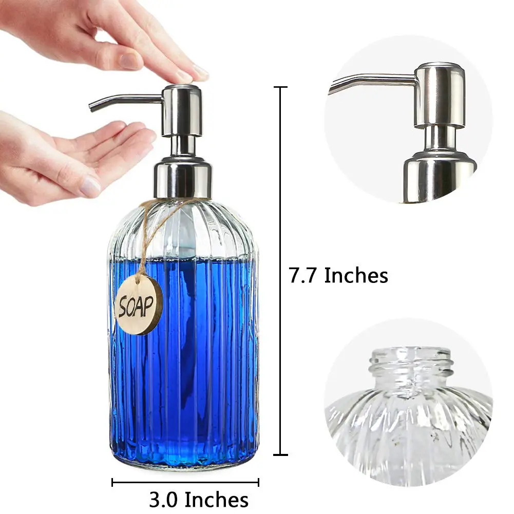 JASAI 18 Oz Clear Glass Soap Dispenser with Rust Proof Stainless Steel Pump | Elegant Bathroom & Kitchen Accessory - view 5