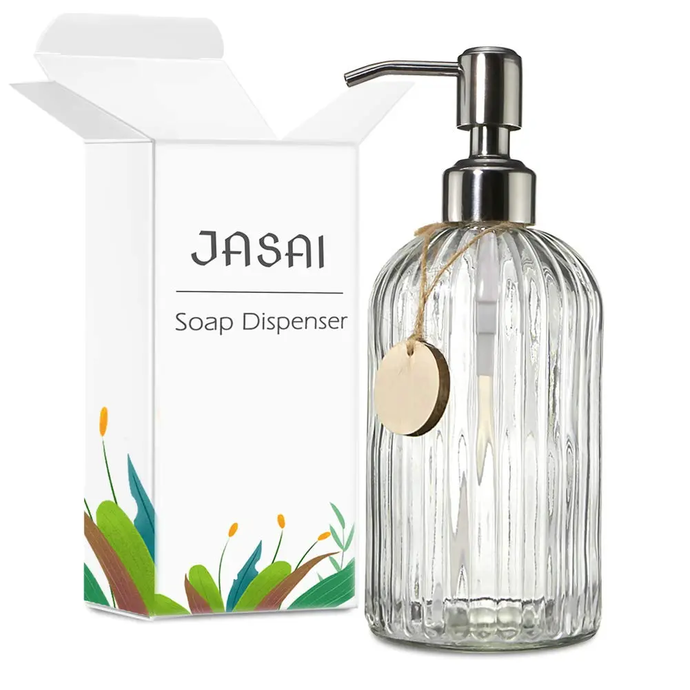 JASAI 18 Oz Clear Glass Soap Dispenser with Rust Proof Stainless Steel Pump | Elegant Bathroom & Kitchen Accessory - view 8