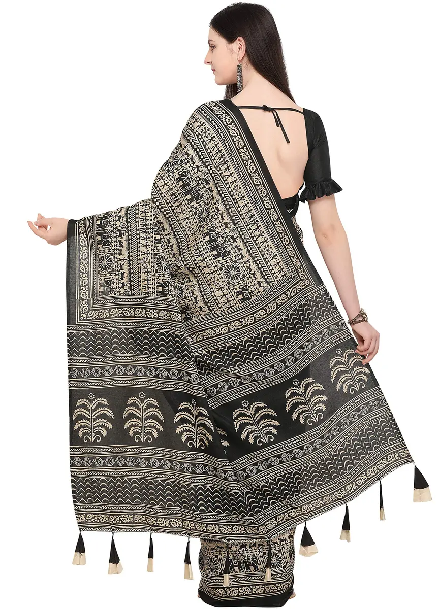 EthnicJunction Women's Art Silk Kalamkari Print Saree With Blouse Piece, Black & Beige, 5.20m (17.06 ft) - view 2