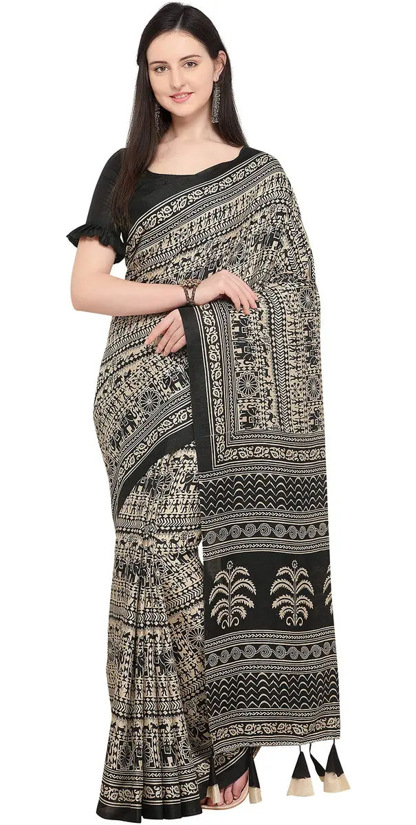 EthnicJunction Women's Art Silk Kalamkari Print Saree With Blouse Piece, Black & Beige, 5.20m (17.06 ft) - view 3