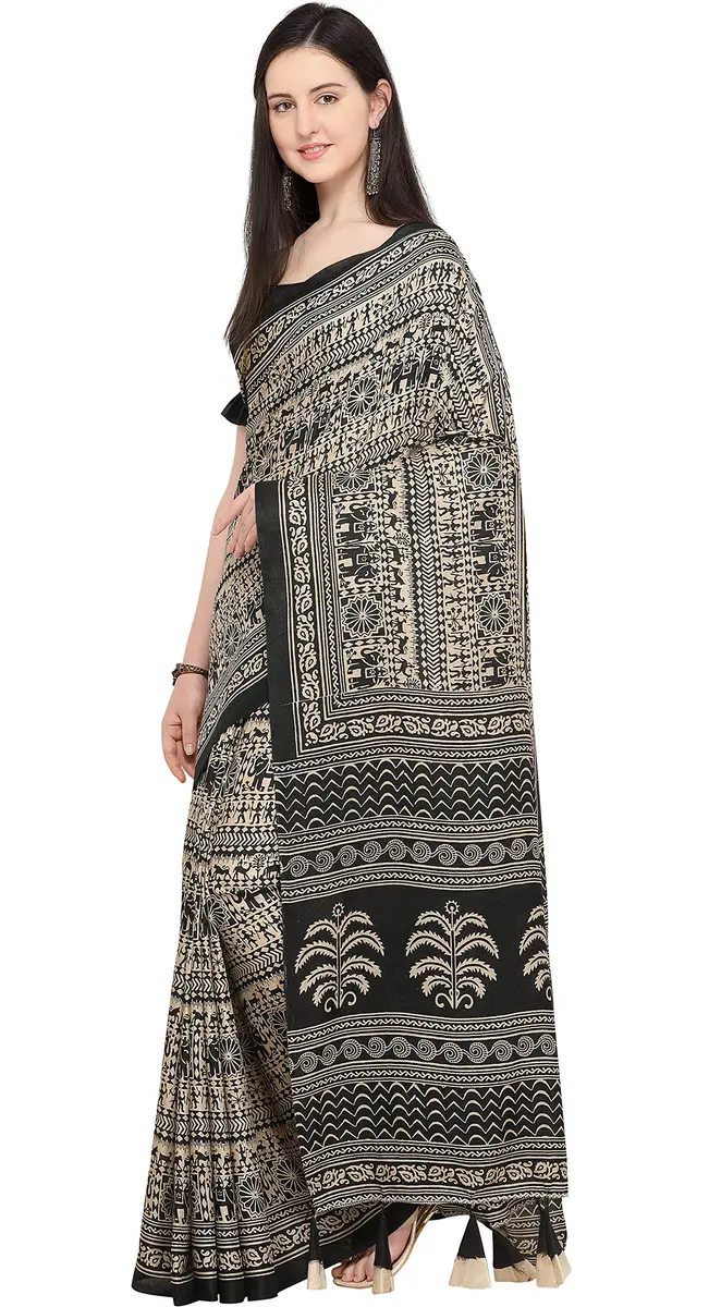 EthnicJunction Women's Art Silk Kalamkari Print Saree With Blouse Piece, Black & Beige, 5.20m (17.06 ft) - view 4