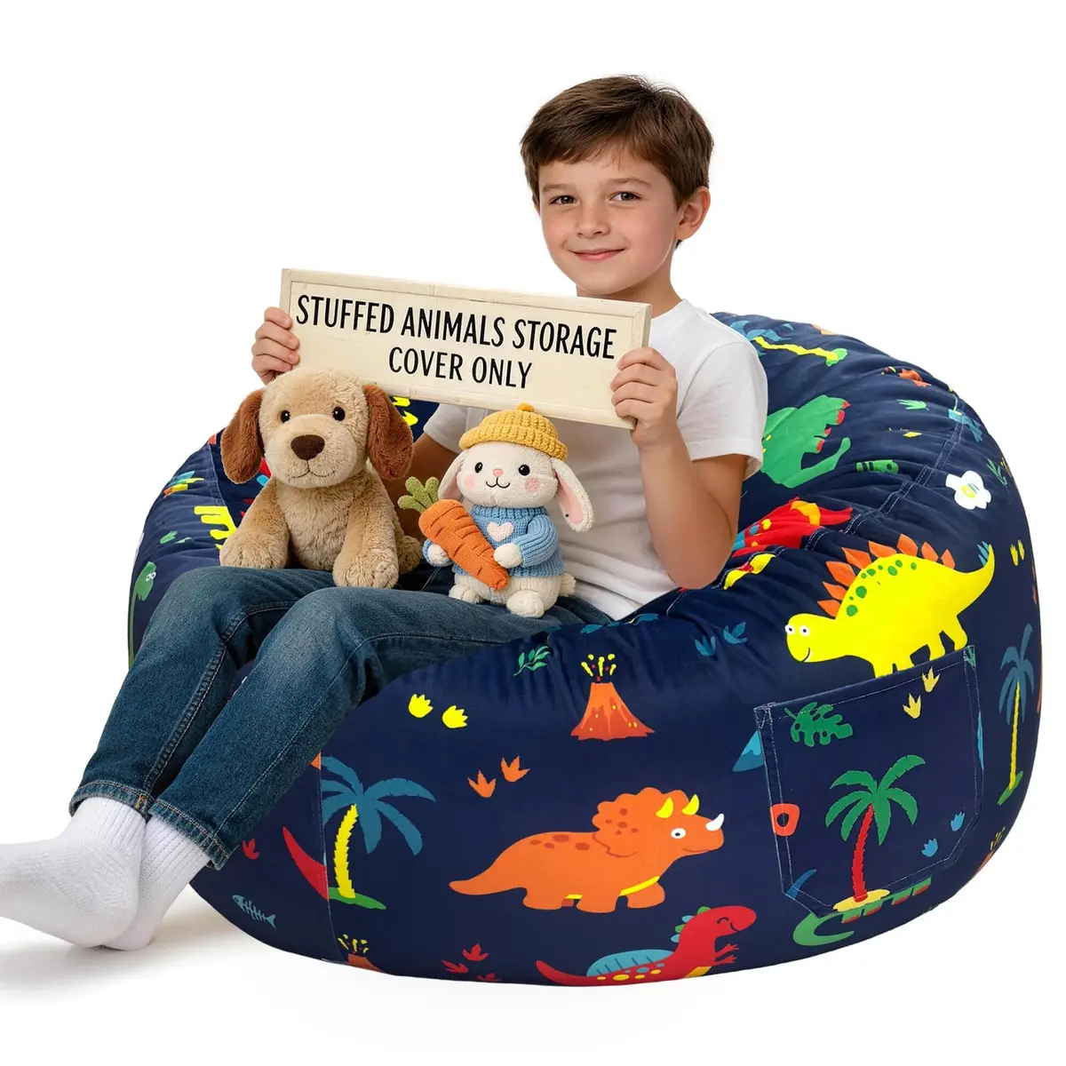 Lukeight Dinosaur Stuffed Animal Storage Bean Bag Cover for Kids (No Filler) | Velvet Plush Toy Organizer Seat, X-Large 30"D x 18"H - main product image
