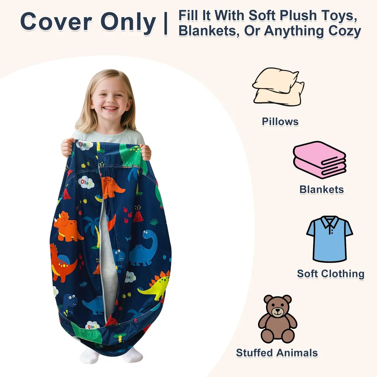 Lukeight Dinosaur Stuffed Animal Storage Bean Bag Cover for Kids (No Filler) | Velvet Plush Toy Organizer Seat, X-Large 30"D x 18"H - view 2