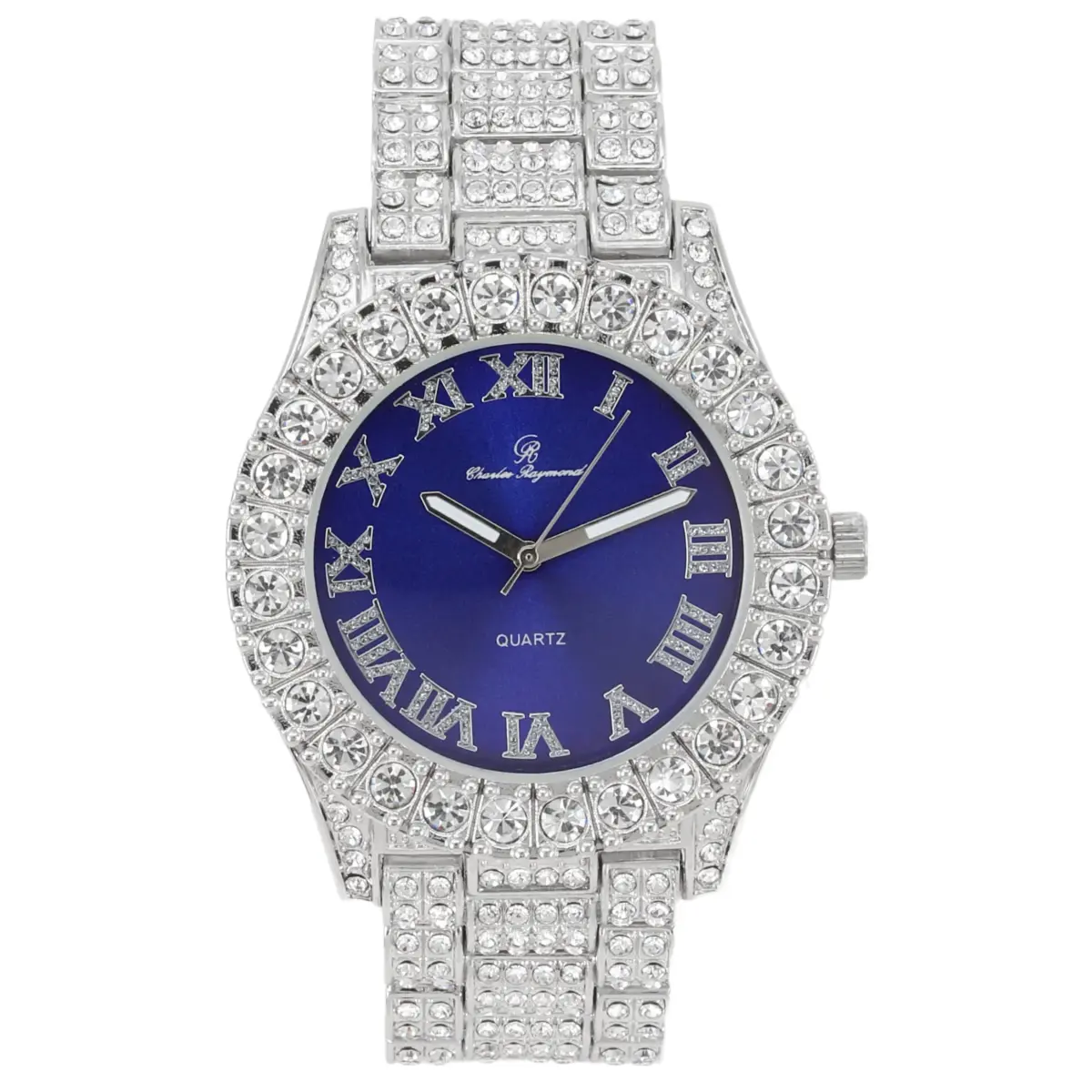 Charles Raymond Hip Hop Iced Out Watch with Royal Blue Dial & Silver Tone Finish | 42mm Case - main product image