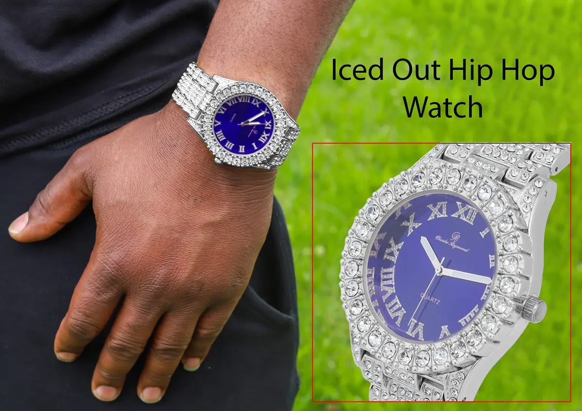 Charles Raymond Hip Hop Iced Out Watch with Royal Blue Dial & Silver Tone Finish | 42mm Case - view 5