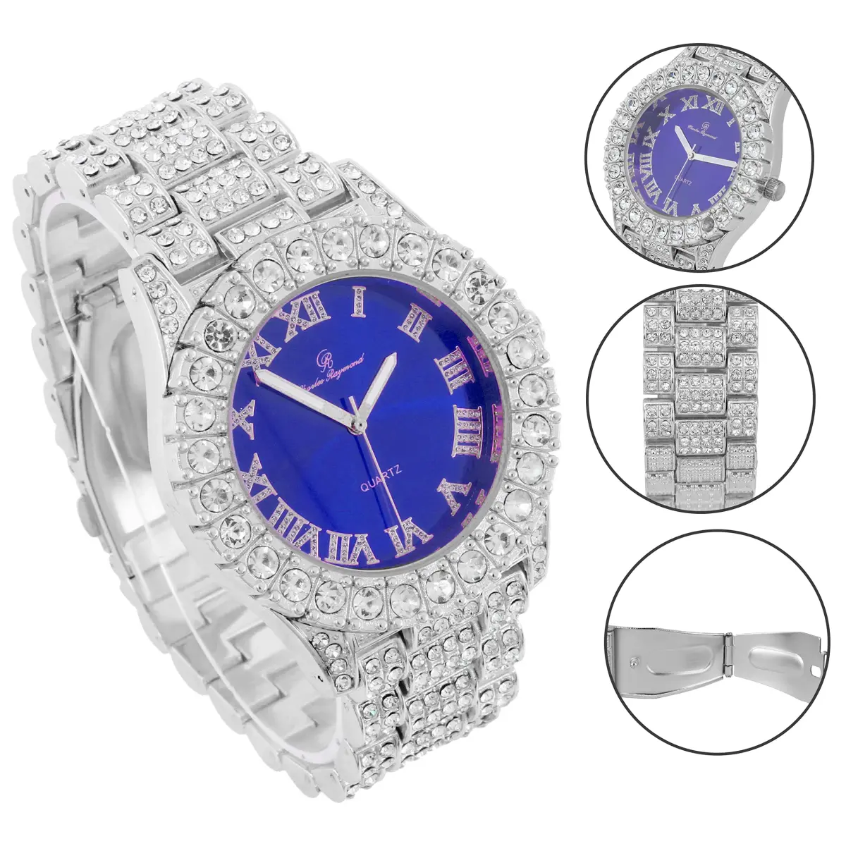 Charles Raymond Hip Hop Iced Out Watch with Royal Blue Dial & Silver Tone Finish | 42mm Case - view 6