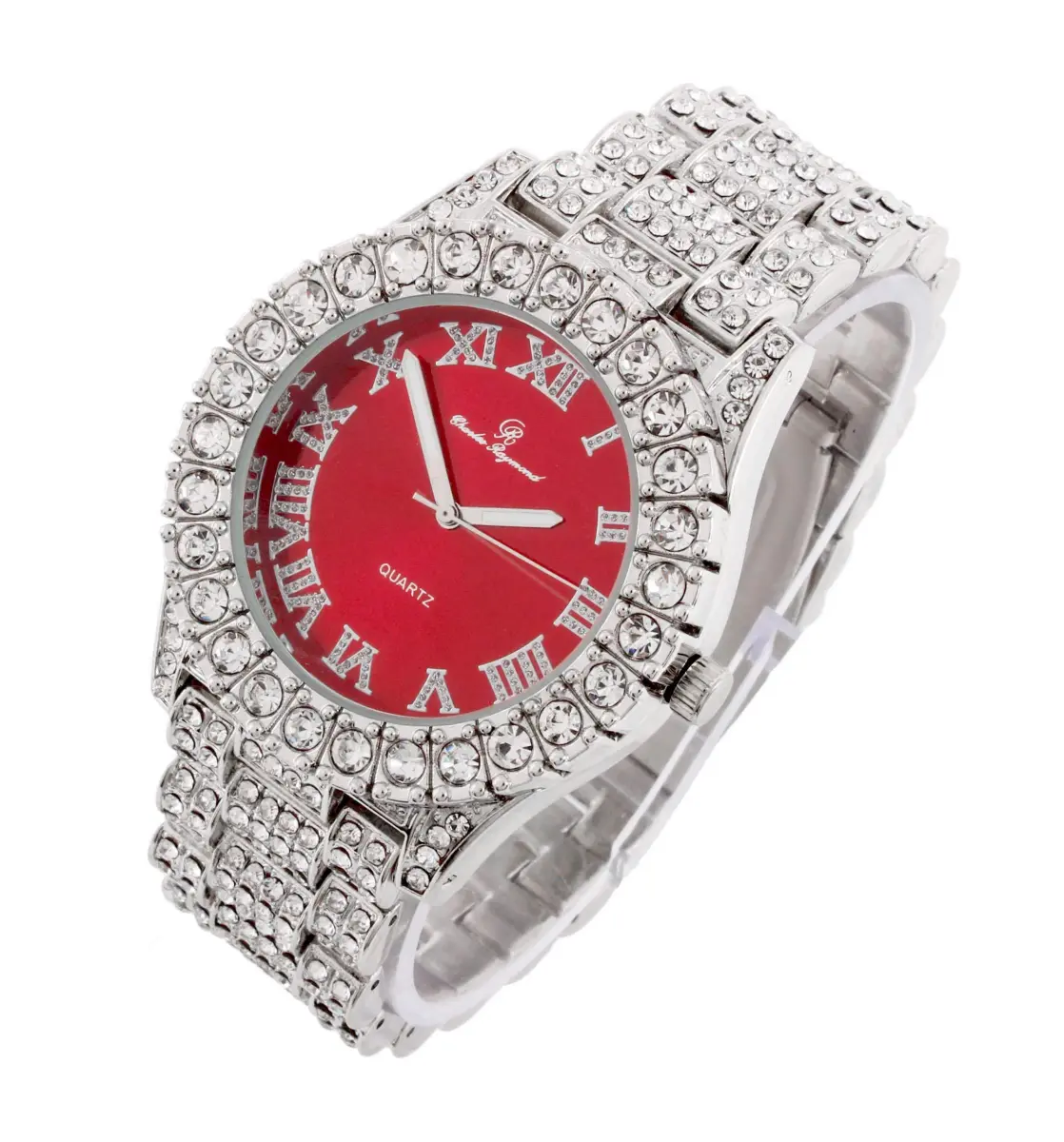 Charles Raymond Men's Iced Out Watch ST10327 RN Single | Silver Tone Blood Red Dial 8-inch Band - view 4