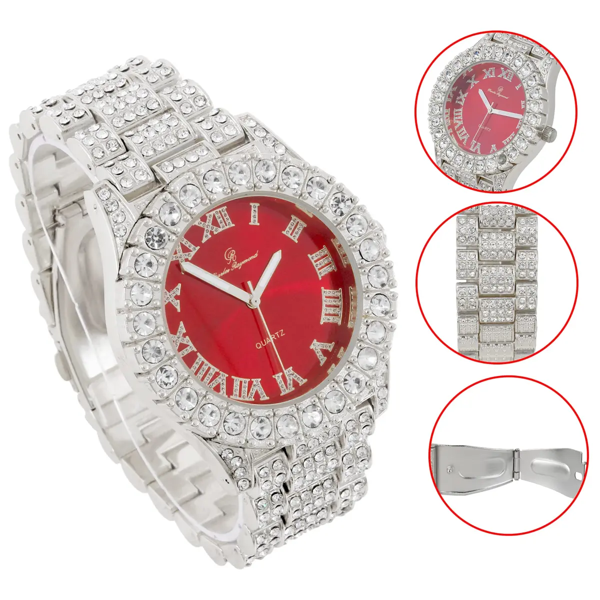 Charles Raymond Men's Iced Out Watch ST10327 RN Single | Silver Tone Blood Red Dial 8-inch Band - view 5