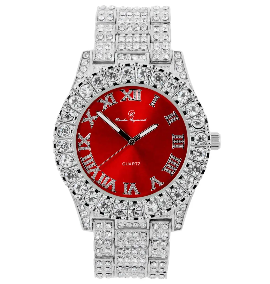 Charles Raymond Men's Iced Out Watch ST10327 RN Single | Silver Tone Blood Red Dial 8-inch Band - main product image