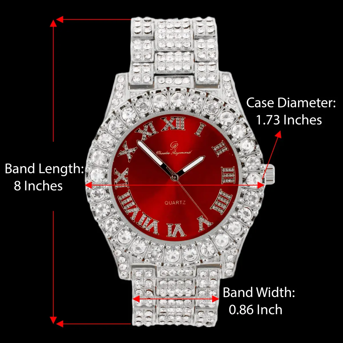 Charles Raymond Men's Iced Out Watch ST10327 RN Single | Silver Tone Blood Red Dial 8-inch Band - view 2