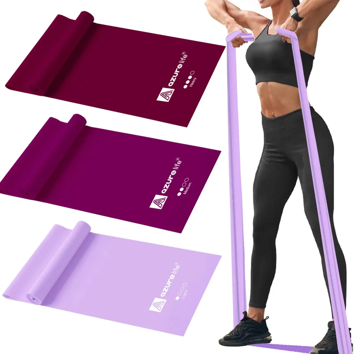 A AZURELIFE Resistance Bands Set — 3 Long Latex-Free Exercise Bands for Therapy, Yoga, Pilates, Strength Training (5 ft x 6 in, Light/Medium/Heavy) - main product image