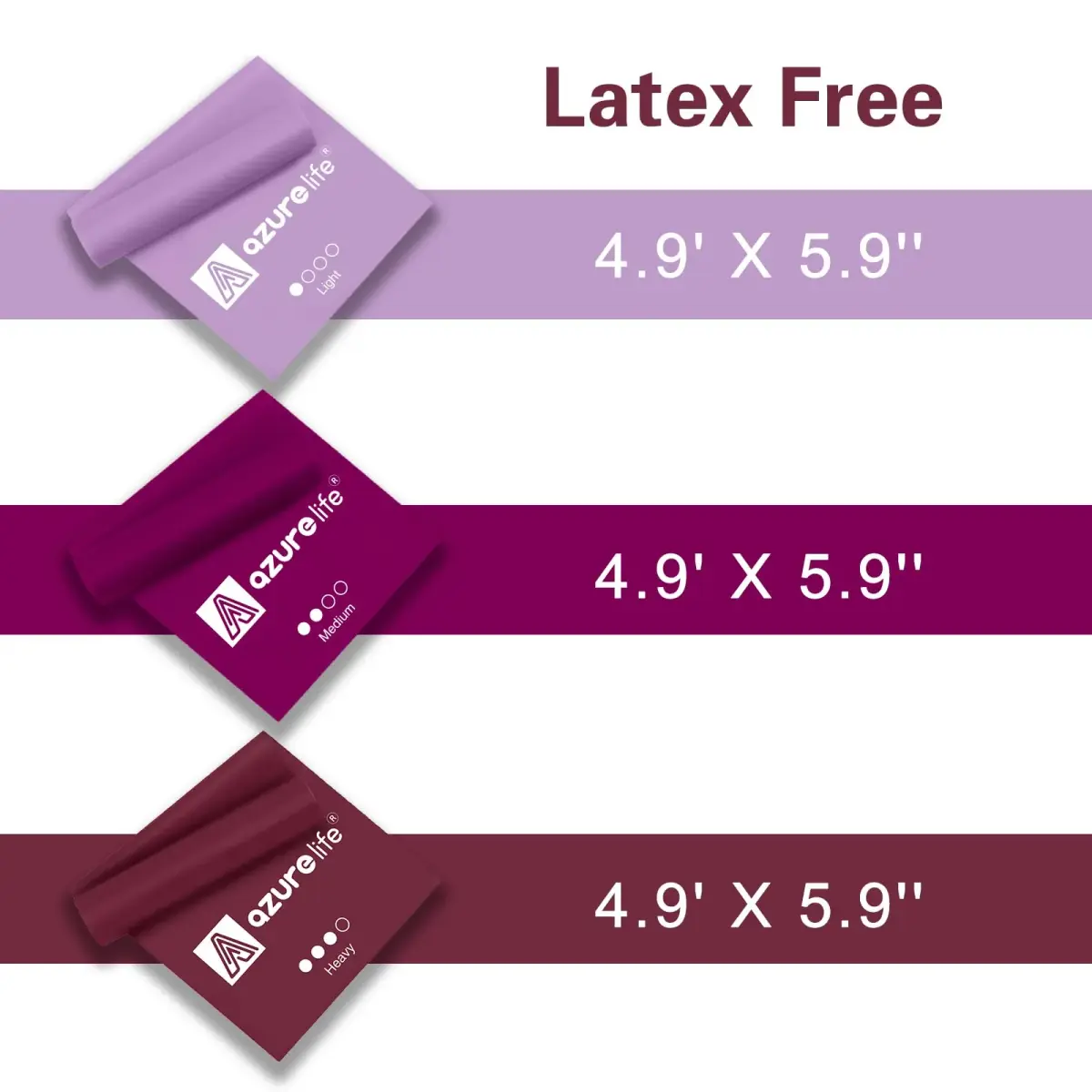 A AZURELIFE Resistance Bands Set — 3 Long Latex-Free Exercise Bands for Therapy, Yoga, Pilates, Strength Training (5 ft x 6 in, Light/Medium/Heavy) - view 3