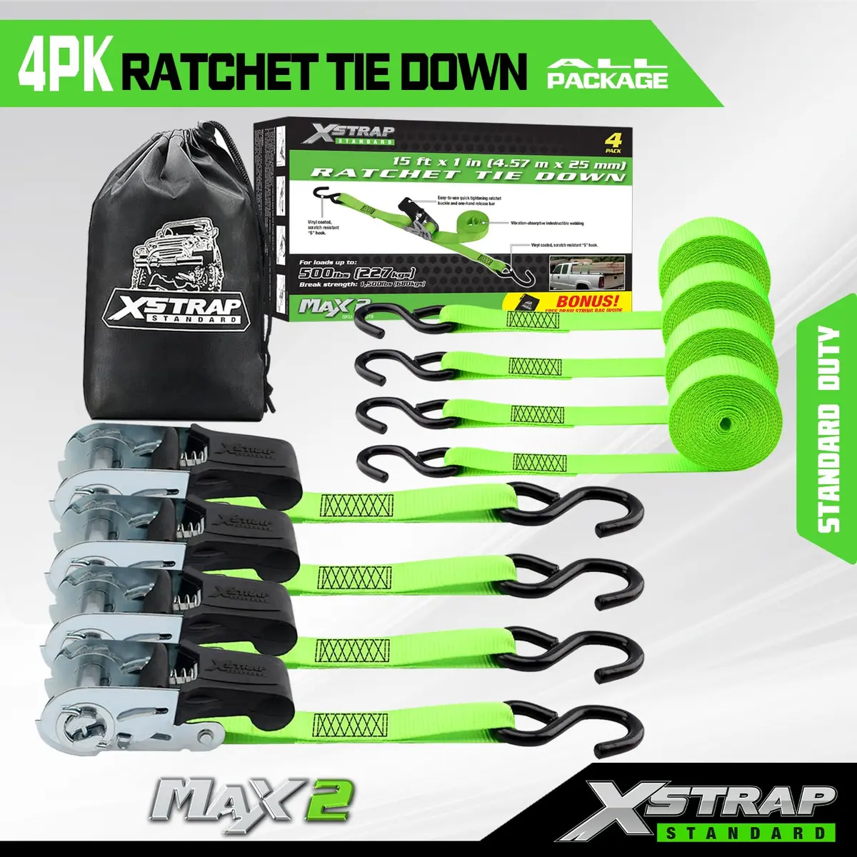 XSTRAP STANDARD 4 Pack 1" x 15FT Ratchet Tie Down Straps | Heavy-Duty Cargo Securing with 500Lbs WLL - view 6