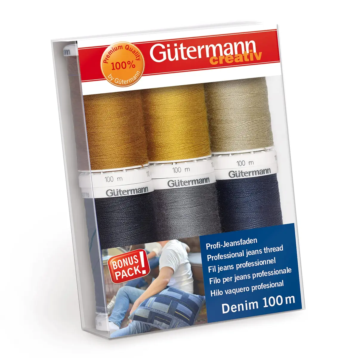 Gütermann Denim Thread 12wt 100m Spools (6-Pack, Multicoloured) | Professional Jeans Stitching - main product image