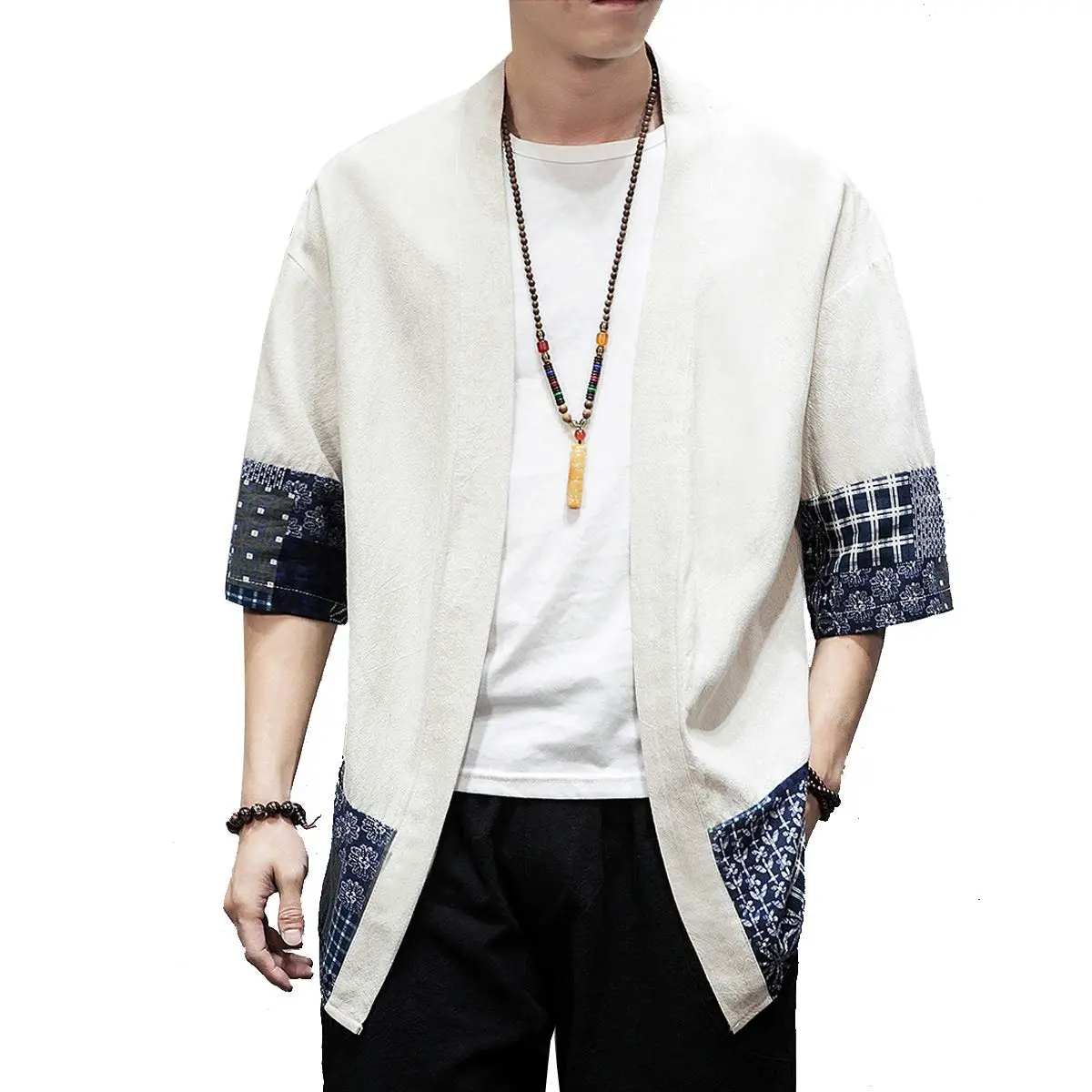 PRIJOUHE Mens Kimono Cardigan Cotton Linen Kimono Jacket 3/4 Sleeve | Casual Japanese Haori - main product image