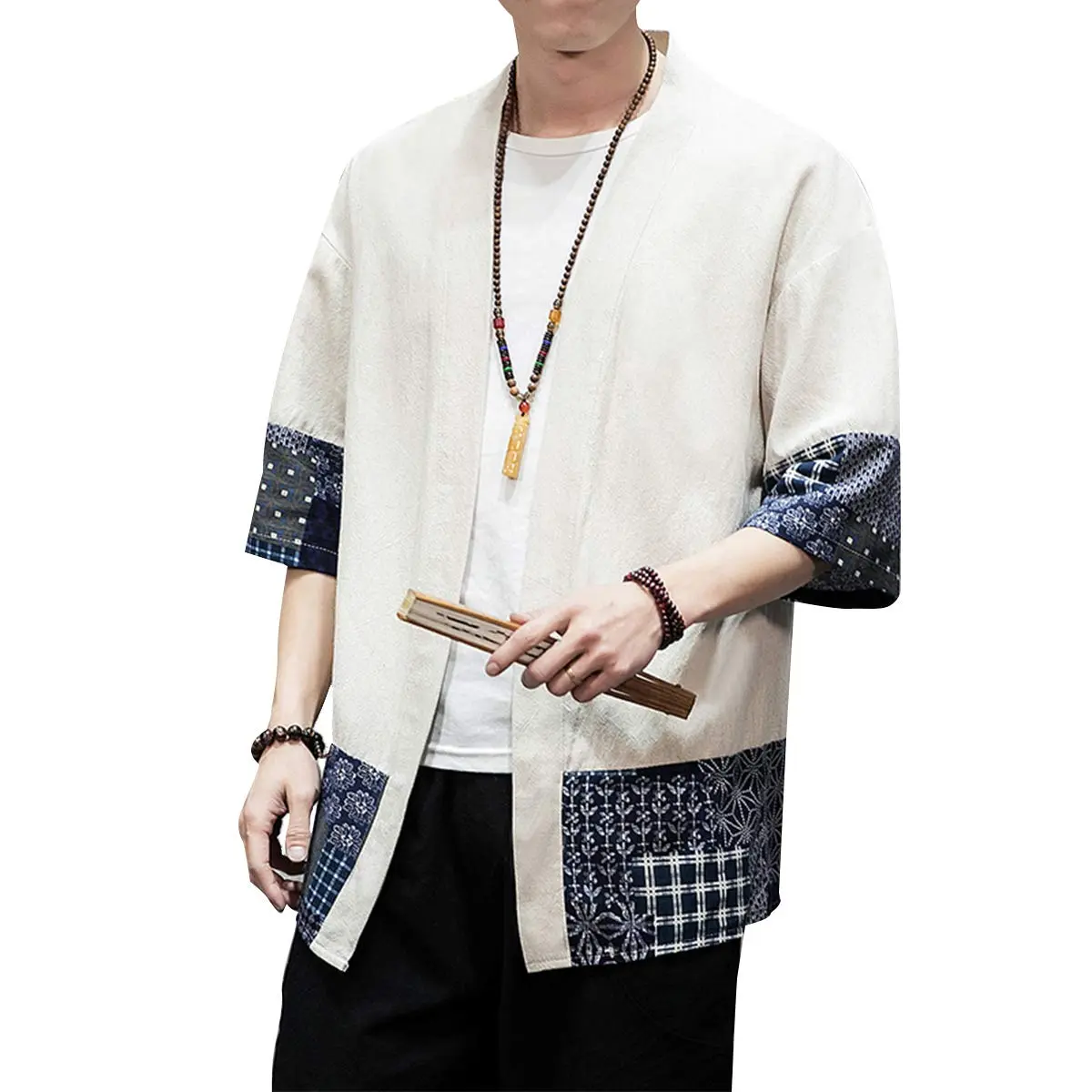 PRIJOUHE Mens Kimono Cardigan Cotton Linen Kimono Jacket 3/4 Sleeve | Casual Japanese Haori - view 5