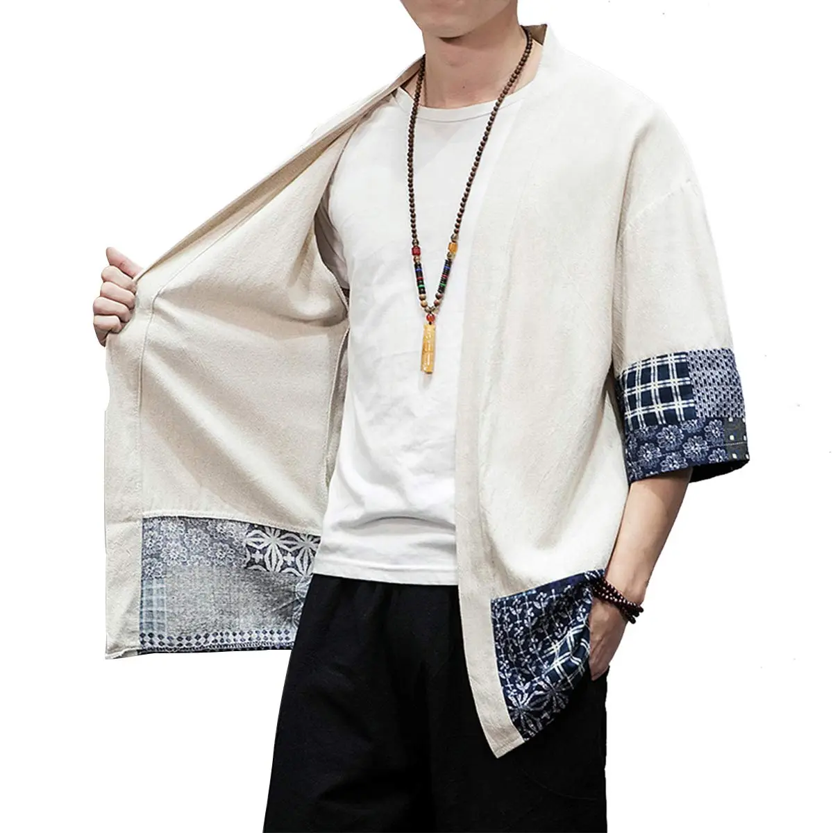 PRIJOUHE Mens Kimono Cardigan Cotton Linen Kimono Jacket 3/4 Sleeve | Casual Japanese Haori - view 6