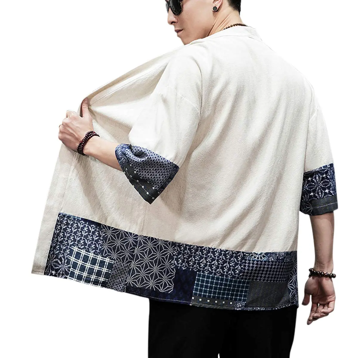 PRIJOUHE Mens Kimono Cardigan Cotton Linen Kimono Jacket 3/4 Sleeve | Casual Japanese Haori - view 7