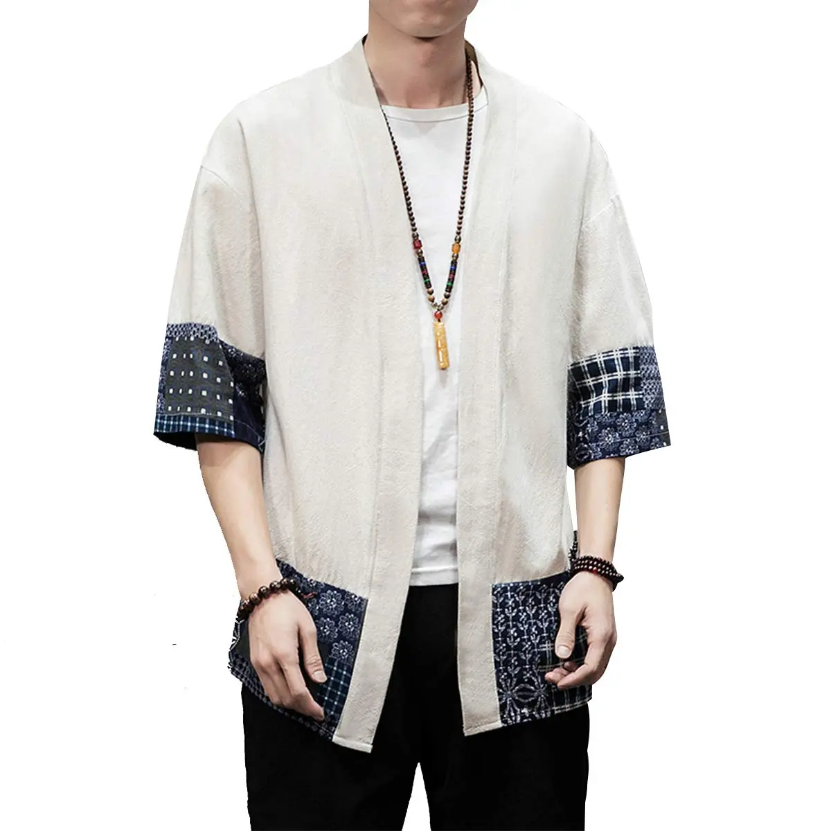PRIJOUHE Mens Kimono Cardigan Cotton Linen Kimono Jacket 3/4 Sleeve | Casual Japanese Haori - view 2