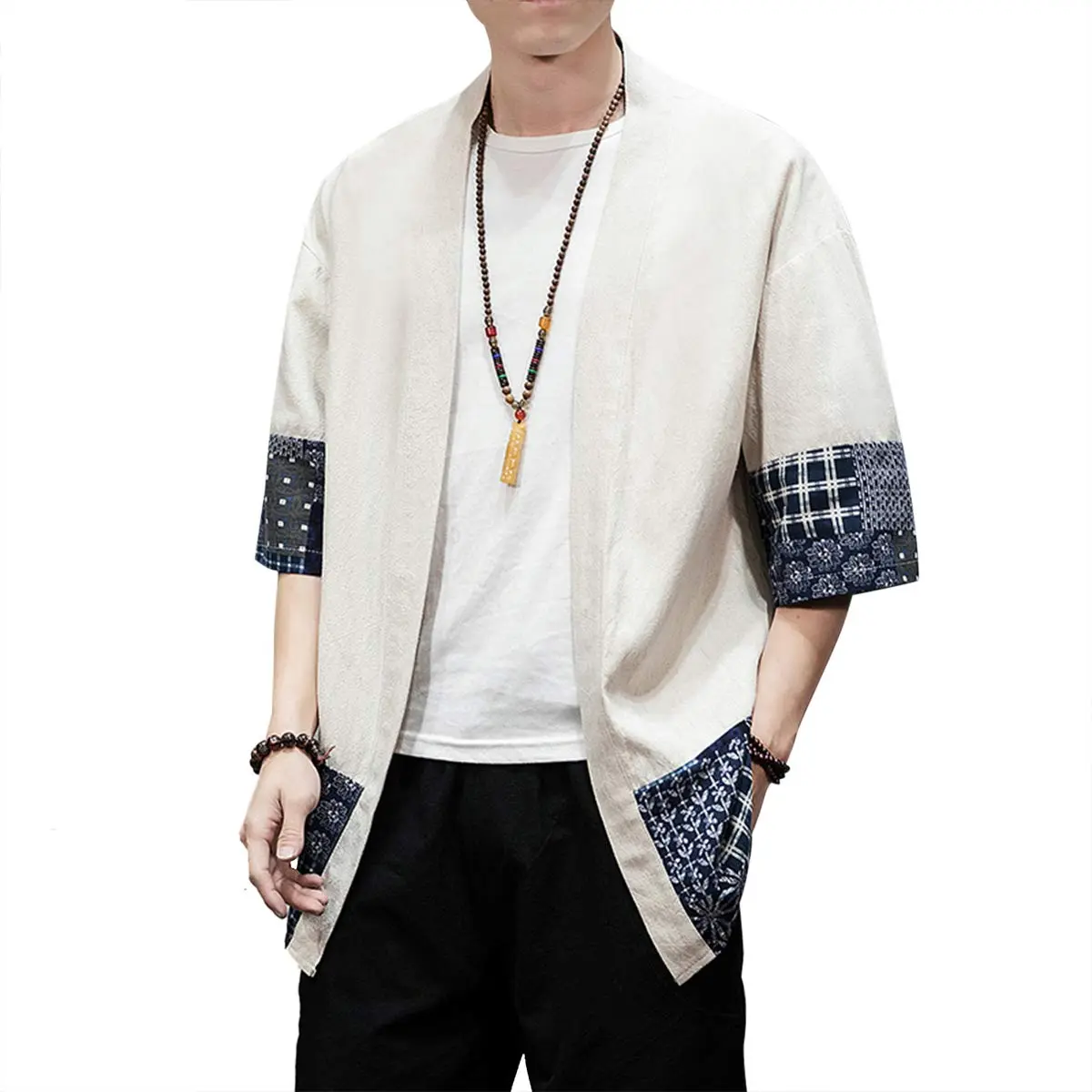 PRIJOUHE Mens Kimono Cardigan Cotton Linen Kimono Jacket 3/4 Sleeve | Casual Japanese Haori - view 3