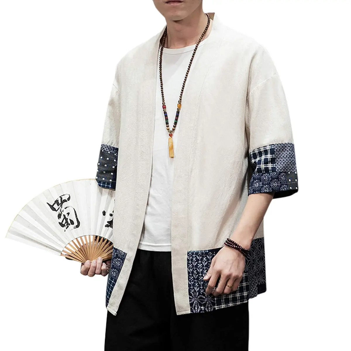PRIJOUHE Mens Kimono Cardigan Cotton Linen Kimono Jacket 3/4 Sleeve | Casual Japanese Haori - view 4