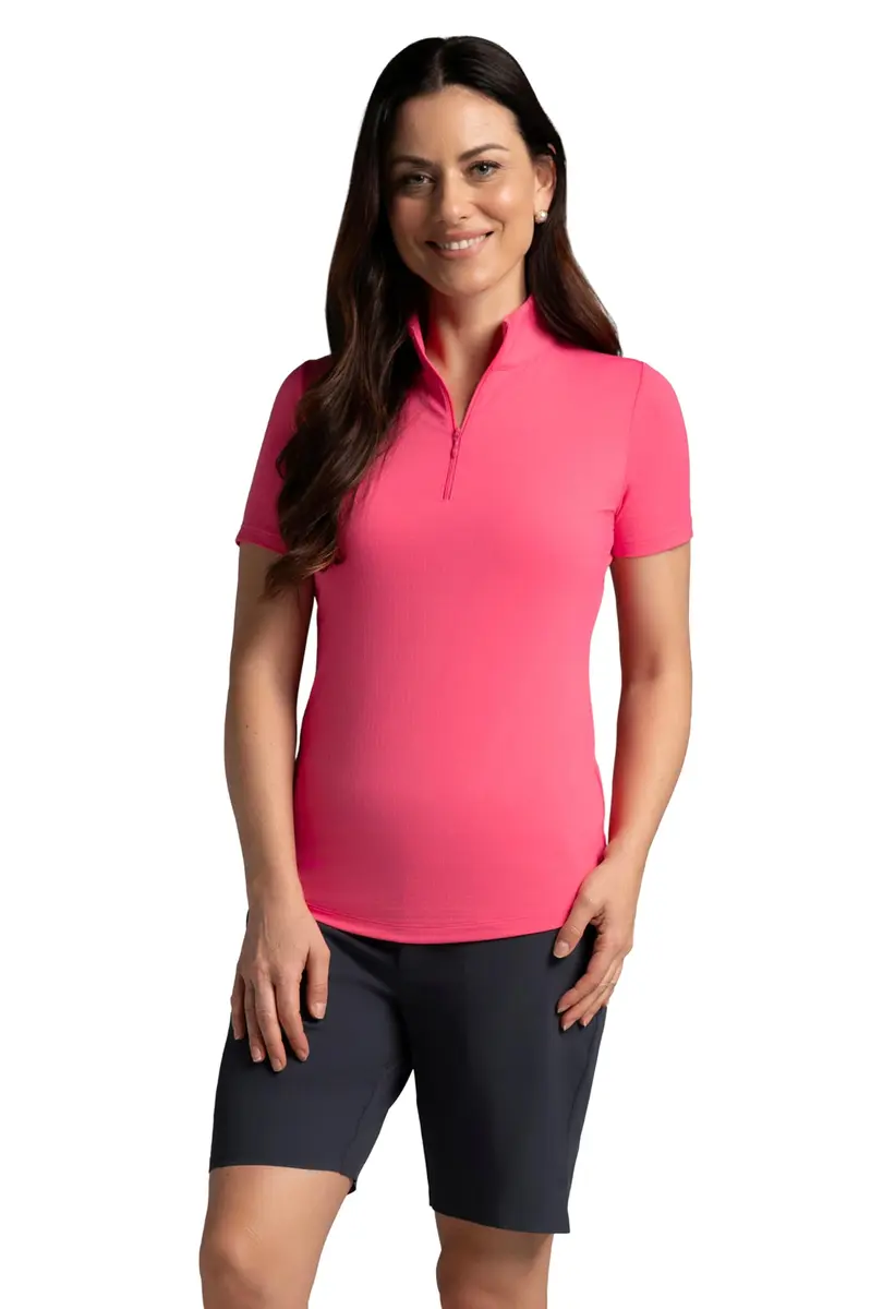 IBKUL Athleisure Wear Sun Protective UPF 50+ Icefil Cooling Short Sleeve Mock Neck Watermelon - main product image