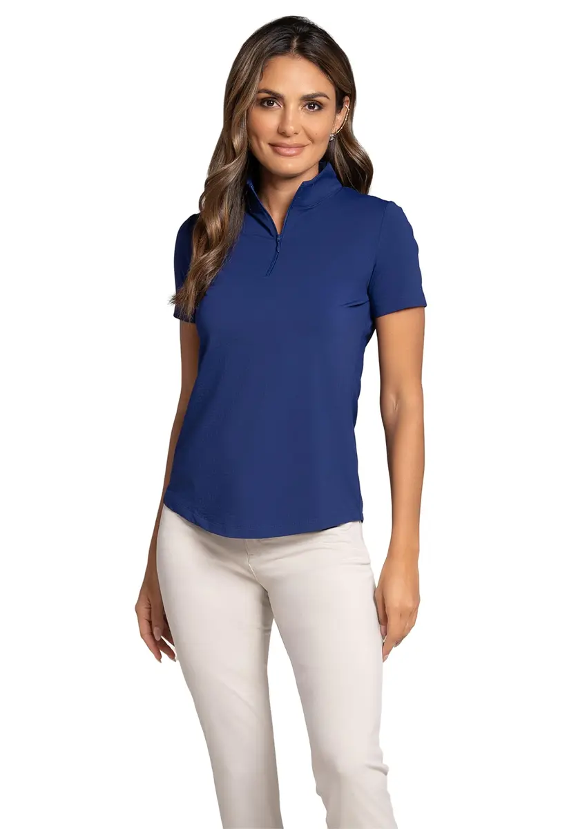 IBKUL Athleisure Wear Sun Protective UPF 50+ Icefil Cooling Short Sleeve Mock Neck Navy - main product image