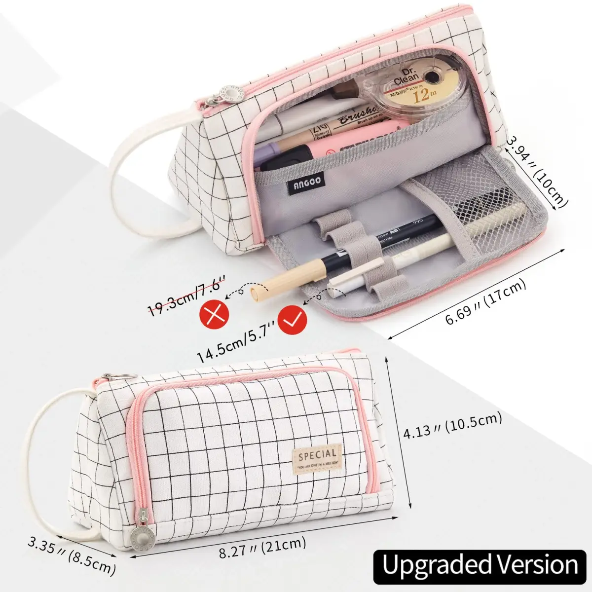 EASTHILL Plaid White Large Capacity Pencil Case Organizer | Simple Polyester Stationery Pouch with Handheld Band - view 3